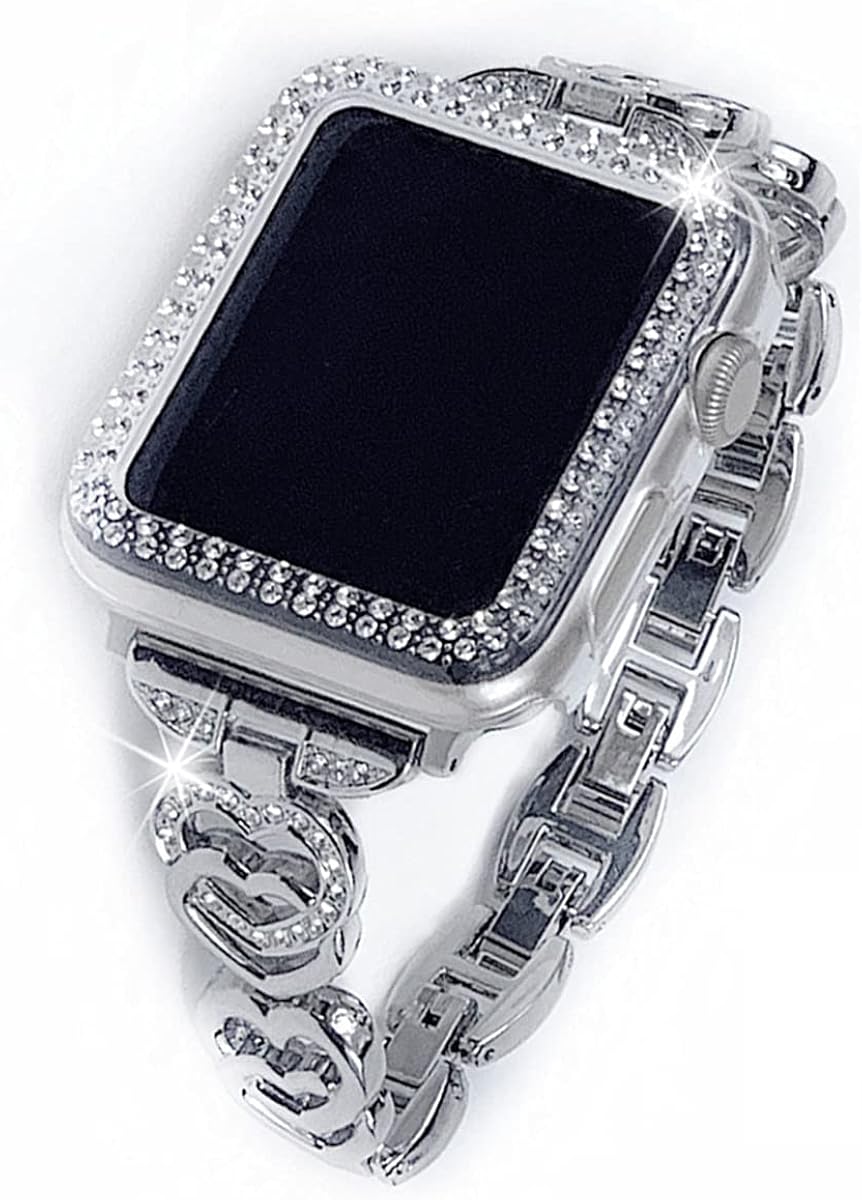 Compatible with Apple Watch Band 38mm 40mm 42mm 44mm with Protector Case, Women Dressy Heart-shaped Stainless Steel Jewelry Wristband Strap with Rhinestones &Soft TPU Protector Case for iWatch Se 6/5/4/3/2/1