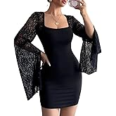 Women's Lace Mini Dress Sexy Elegant Floral Mesh Long Sleeve Square Neck Dresses Party Cocktail Formal Evening Gown
