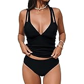 CUPSHE Women's Tankini Set V Neck Crisscross Adjustable Straps Cutout Two Piece Swimsuit Mid Rise Ruched
