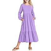 Arshiner Girls Maxi Dresses Lantern Long Sleeve Casual Holiday Dress with Pockets for 5-14 Y