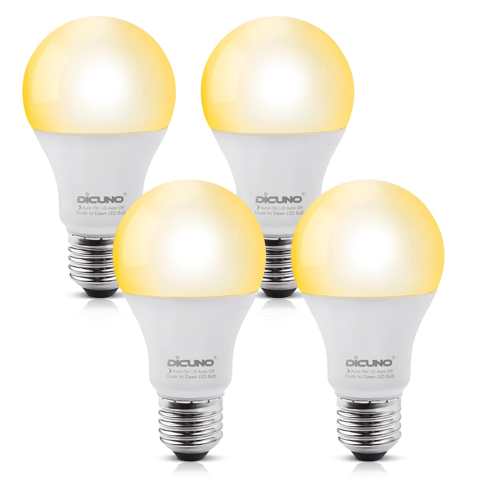 DiCUNO Dusk to Dawn Sensor Bulb E27, 60W Equivalent, 2700K, 9W 800LM, Automatic On/Off Energy Saving Light for Porch, Garage, Non-dimmable, 4 Pcs