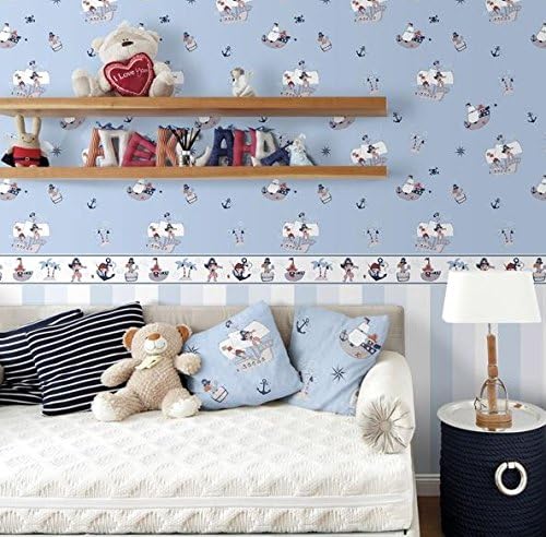 Wallpaper Children's Bedroom Blue Pirate Design Blue White Red Washable 583 – 1 treboli
