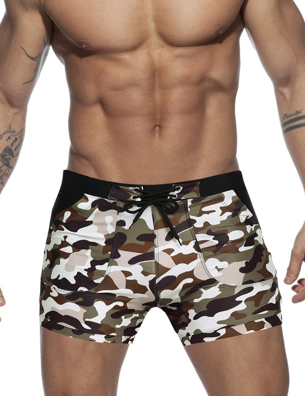 MIZOK Mens Bathing Suits Basic Long Swim Trunk Board Shorts Swimsuits with Pocket (Camo, TAG 2XL 