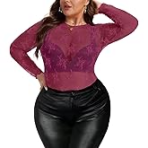 AYIFU Women's Lace Mesh Top Sheer Plus Size See Through Floral Long Sleeve Mock Neck Blouse Tops