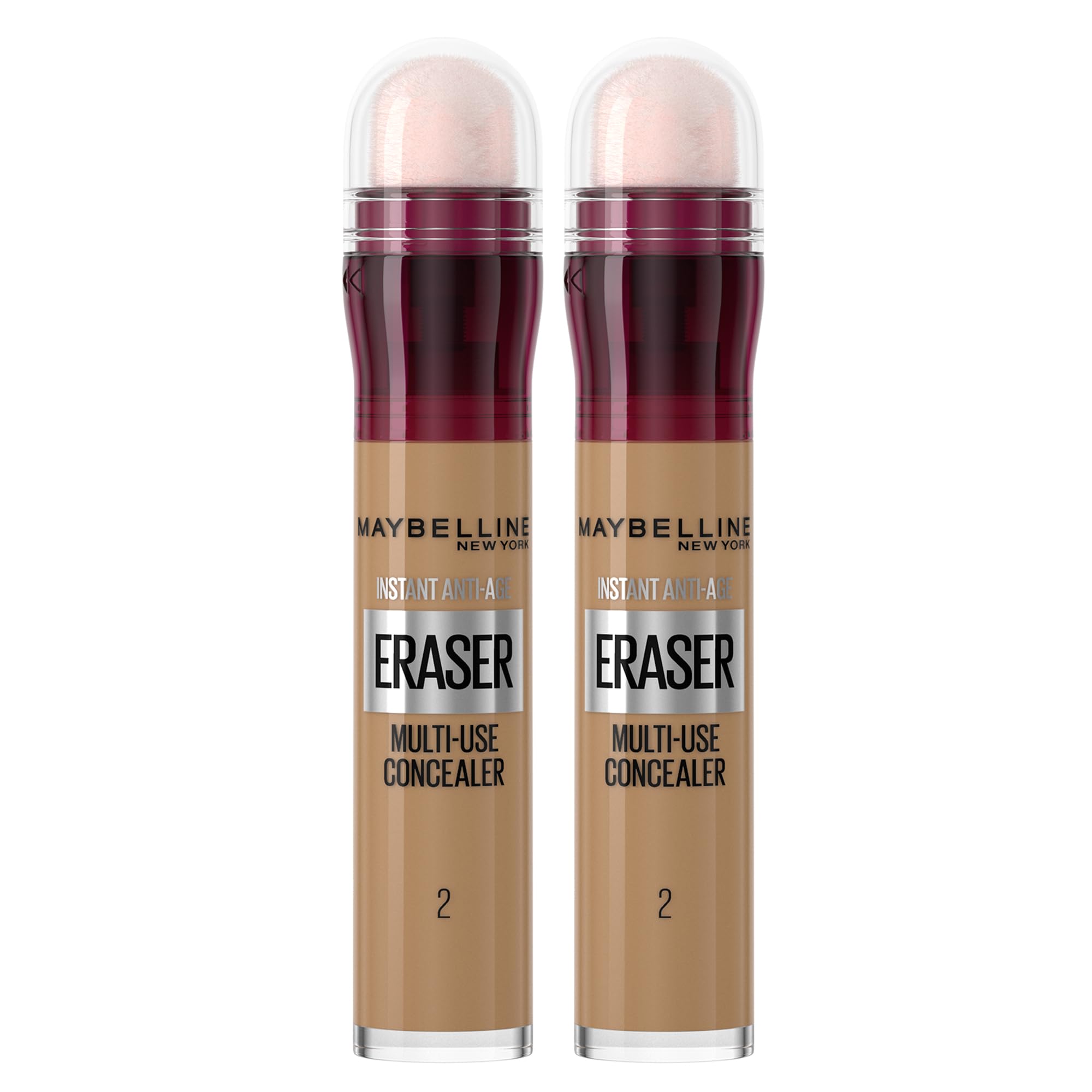 Maybelline Instant Anti Age Eraser Eye Concealer, Dark Circles and Blemish Concealer, Ultra Blendable Formula, 02 Nude (Pack of 2)