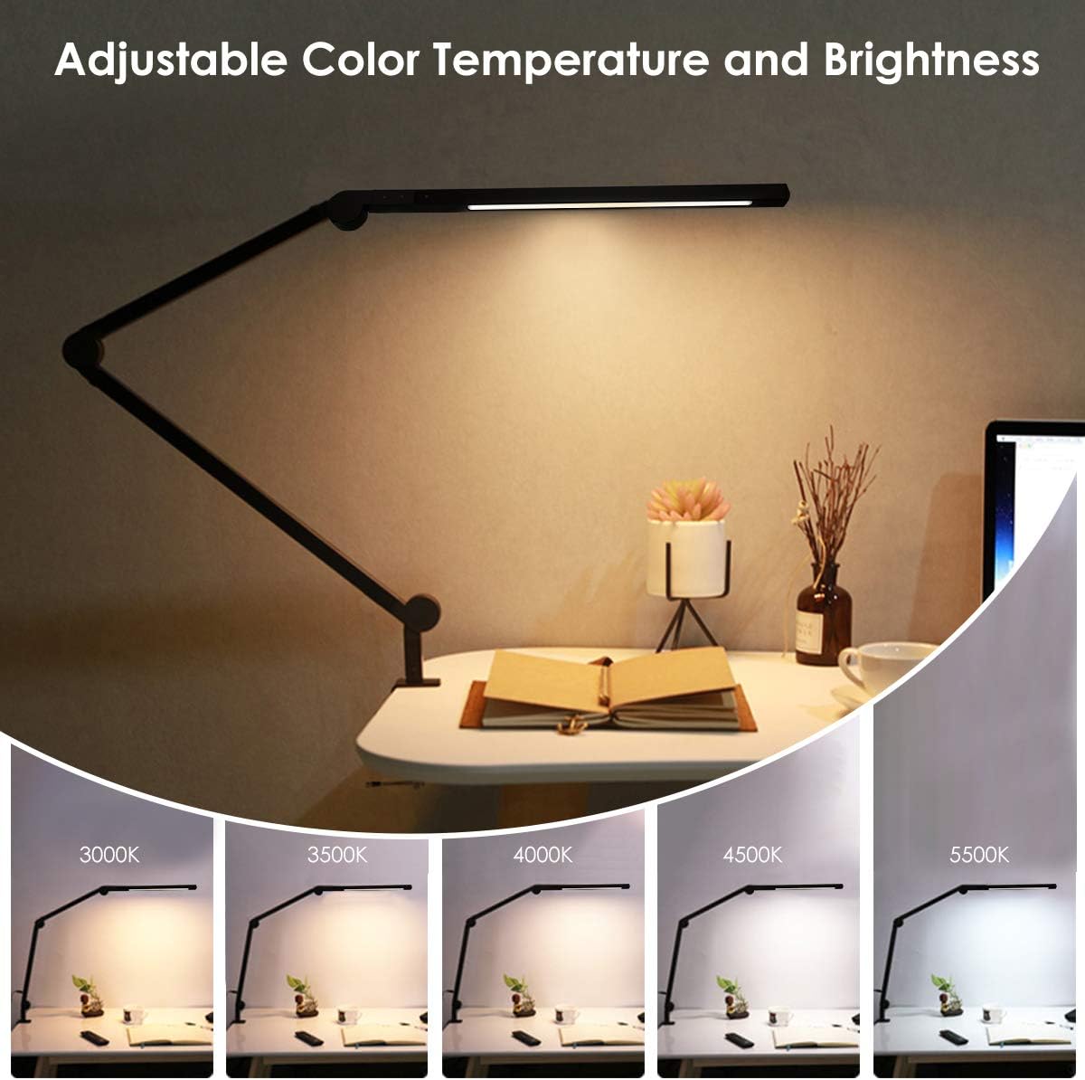 Swing Arm Lights, LED Desk Lamp with Clamp, 9W Eye Caring Dimmable Lamps, Timer, Memory, Touch Control 6 Color Modes - Image 3