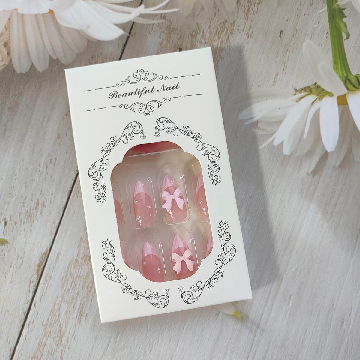 24pcs French Press on Nails, Almond Shape, Pink, with Bow & Pearl Design, French Tip, Luxury Glue on, Full Cover Artificial Nails for Women - Image 5