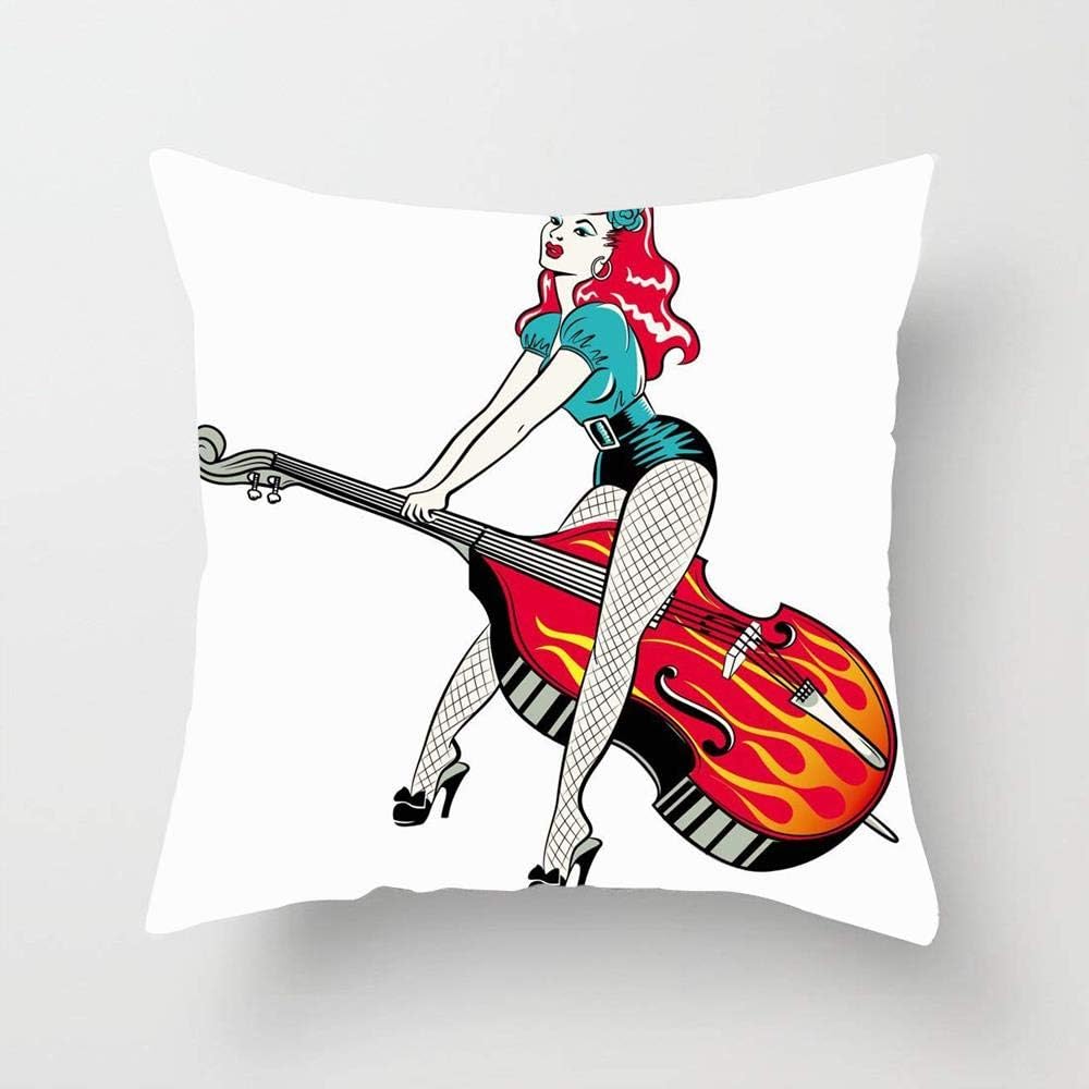 Huayuanhurug Glamour Guitar Red Headed Rockabilly Pinup Girl Playing Fiddle Vintage Flames Bass Upright Design Throw Pillow Cover Cushion Cover for Indoor Sofa Bedroom Couch 18" x 18"