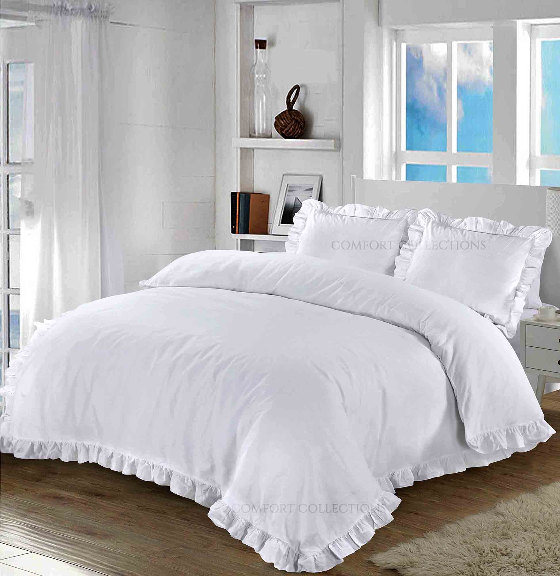 Comfort Collections Santiago Ruffle Frill Edge Design Plain Duvet Cover and Pillow Cases Bedding Set White King 230cm x 220cm Approximate