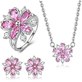 coadipress Pink Cherry Blossoms Necklace Stud Earring Ring Set for Women Sweet Dainty Cherry Blossom Earrings Necklaces Floral Prom Party Bride Wedding Jewelry