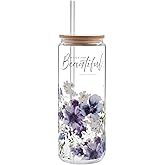 Faithworks Travel Tumbler With Straw & Lid For Iced or Hot Beverage, 24 Oz Glass Cup With Bamboo Top, Altogether Beautiful