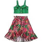 Toddler Kids Girl Strap Green Shoulder Cropped Top + Floral Ruffled Maxi Skirts Dress Summer Boho Clothes Set