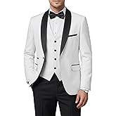 Hihawk Mens 3 Piece Tuxedo Set with Bow Tie, One Button Shawl Lapel Jacket Vest Pants, Slim Fit Suit Party Wedding Prom Tux