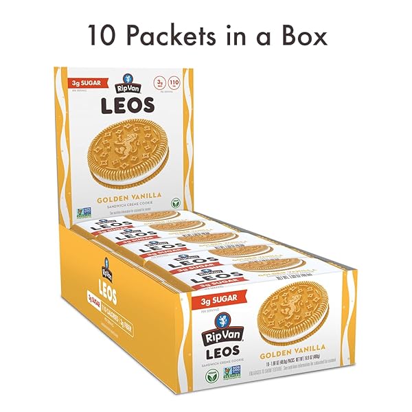 RIP VAN LEOS – GOLDEN VANILLA SANDWICH COOKIES – LOW SUGAR SNACK COOKIES – LOW CARB SNACK – DIABETIC SNACKS – 40 LOW SUGAR COOKIES (10 PACKS OF 1.69OZ)