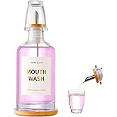 MUVEKA Glass Mouthwash Dispenser for Bathroom, 11.8oz Mouthwash Holder with Stianless Steel Spouts, Mouthwash Decanter with Bamboo Holder, Refillable Cups, Reusable Funnel, Golden Stickers