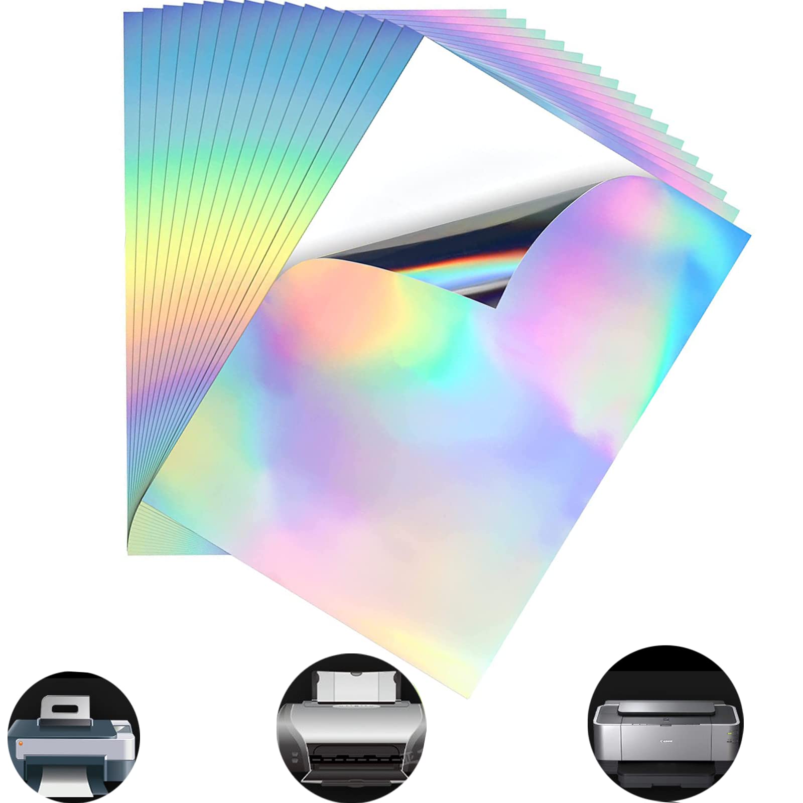 Vokowin 20 Sheets Printable Vinyl Sticker Paper A4 Holographic Sticker Paper, Waterproof Transparent Film for Inkjet Printer Laser Printer DIY Craft Decoration (K109-20)