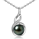 Genuine Tahitian Black Pearl Necklace - Christmas Gift for Wife Mom Daughter Girlfriend, Jewelry Gifts for Anniversary Wedding Birthday, 9-10mm Sea water Pearl with Sterling Silver Moissanite Pendant