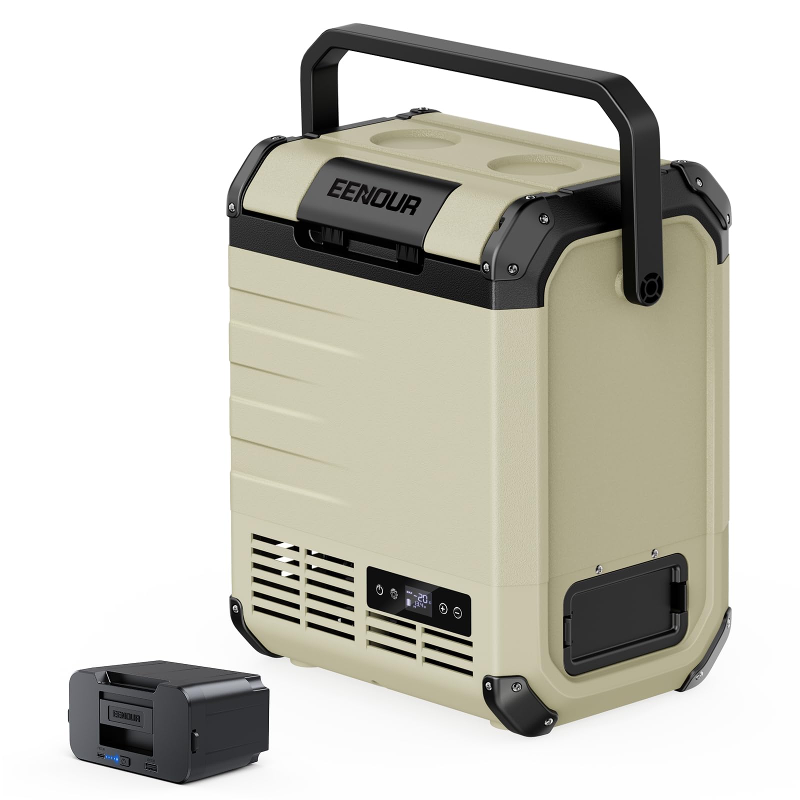 EENOUR 車載冷蔵庫 D10 10L バッテリー付き -20℃～10℃ 小型 両開きフタ コンプレッサー式 4WAY電源対応 AC100V DC12V/24V 電池 ポータブル冷蔵庫 コードレス式 急速冷凍 省エネ 静音 軽量 LCD温度表示 庫内灯・大型ハンドル付き 家庭アウトドア両用 車中泊 キャンプ 釣り 一人暮らしに大活躍商品画像
