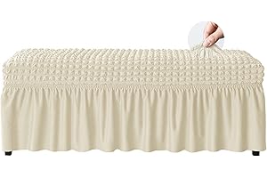 EVOLLER Stretch Seersucker Dining Bench Cover with Skirt 47-60inch Long Ivory Bench Seat Slipcover Bedroom Rectangle Washable