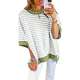 SHEWIN Womens Tops Casual Short Sleeve Sweatshirt Crewneck Striped Shirt Pullover T Shirts Loose Blouses