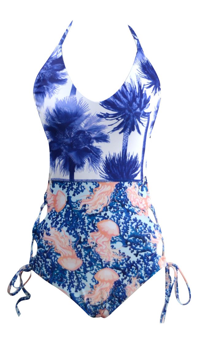 DFXIU Costume Da Bagno Reversibile Con Stampa Per Donne a Righe Monokini Beachwear Monocolore Striscia Fiori Blu