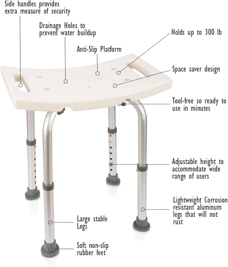 DR. MAYA Adjustable Bath and Shower Chair with Free Suction Assist Shower Handle Large White Anti-Slip Bench Bathtub Stool Seat with Aluminum Legs (Shower Chair): Health & Personal Care