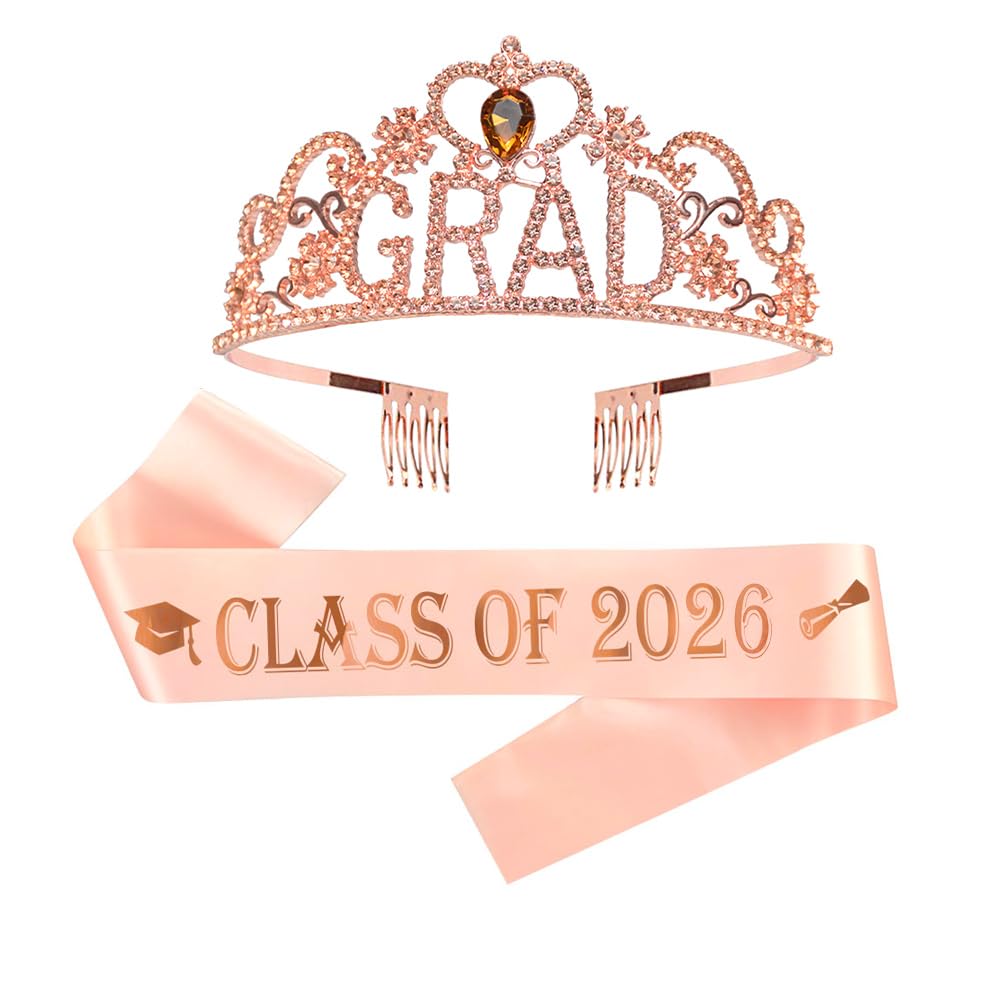2026 Graduation Party Supplies Rose Gold Grad Crown Tiara Class Of 2026 Stain Sash for Graduation Party Favors