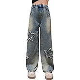 SHHYJUN Girls Baggy Wide Leg Jeans Elastic Waist Casual Washed Denim Pants Age 5-14