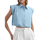 Tankaneo Womens Sleeveless Button Down Shirts Casual Summer Crop Tank Top | 100% Cotton, Loose, V Neck Pad Shoulder Top
