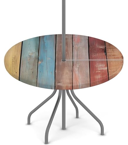 Round Fitted Tablecloth with Umbrella Hole Wood Texture Outdoor Fitted Tablecloth with Zipper Round Elastic Table Cover Waterproof Umbrella Table Cloth 36