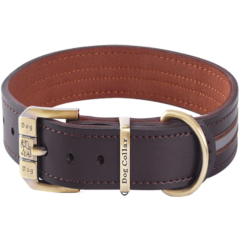 Reflective Genuine Leather Dog Collar Heavy Duty Adjustable Soft Padded for Medium Large and Extra Large Breed Strong Dog Collars (Brown L(Neck 46cm-56cm))