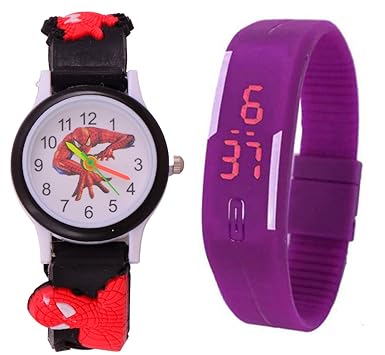 S S Traders - Black Cute Spiderman Kids Analogue Watch and Purple Led Pipe Watches for Kids (Boys) - Best Return Gift for Kids