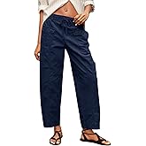 Fisoew Womens 100% Cotton Cargo Pants Drawstring Elastic Waist Casual Hiking Work Pants with Multiple Pockets