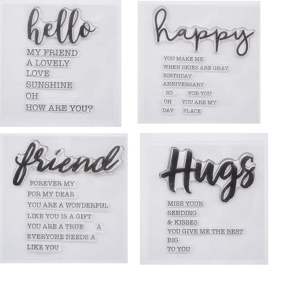 Welcome to Joyful 4pcs/Set Hello Happy Hugs Friend Sentiment Background Clear Stamp for Card Making Decoration and Scrapbooking 11x16cm