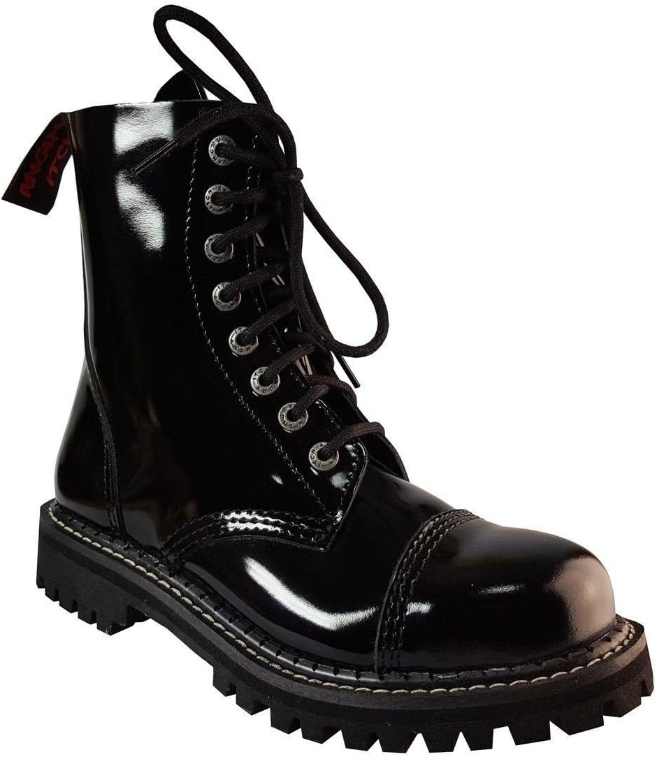 Angry Itch 8 Hole Combat Boots Black Patent Leather Ranger Steel Toe Punk