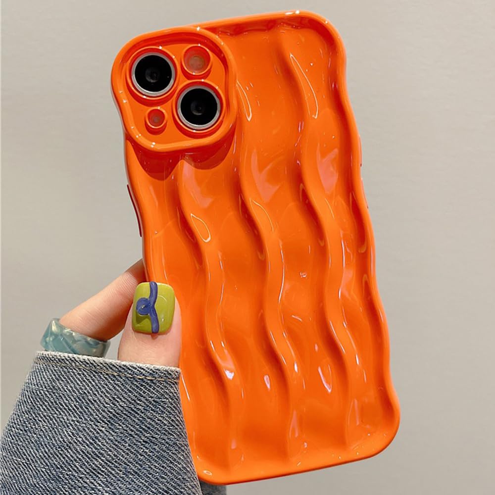 UEEBAI Water Ripple Pattern Curly Phone Case for iPhone 12 Pro Max 6.7 inch, Stylish Pretty Cute Wave Frame Soft Case 3D Protective Cover Shockproof Case for Women Girls Slim Case - Orange