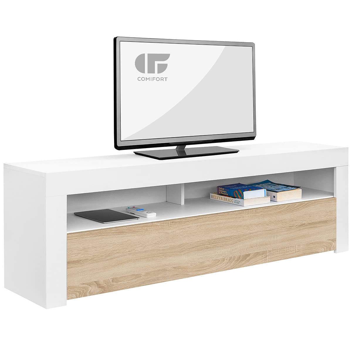 Comifort-AP84BS–Mueble-TV-Salon-Moderno-Mesa-Television-Colores-Blanco-BlancoRoble-Roble-Medidas-160x35x50-Cm