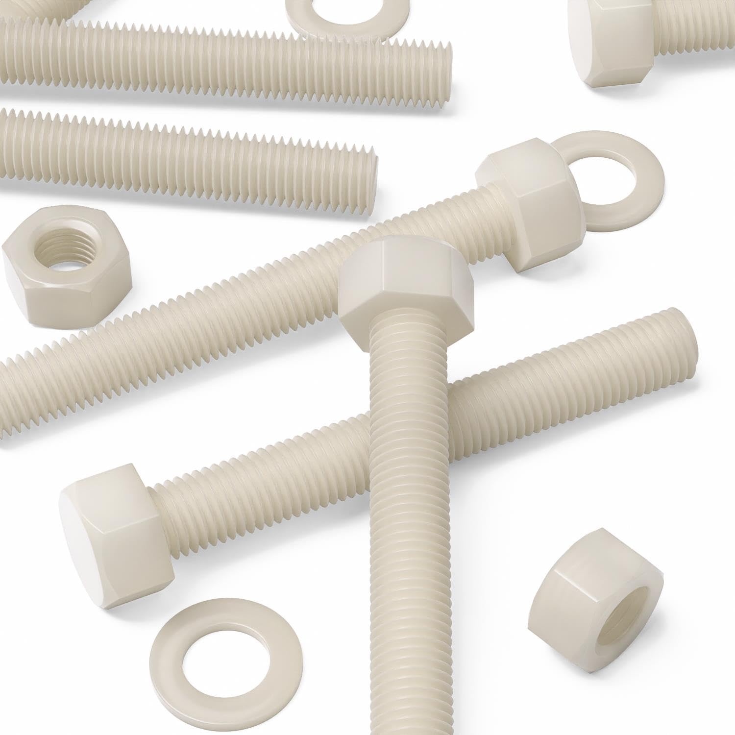 5X Natural Nylon Hex Head, M20 x 150mm, Plastic Nuts and Bolts, Washers, Hexagon, Nylon