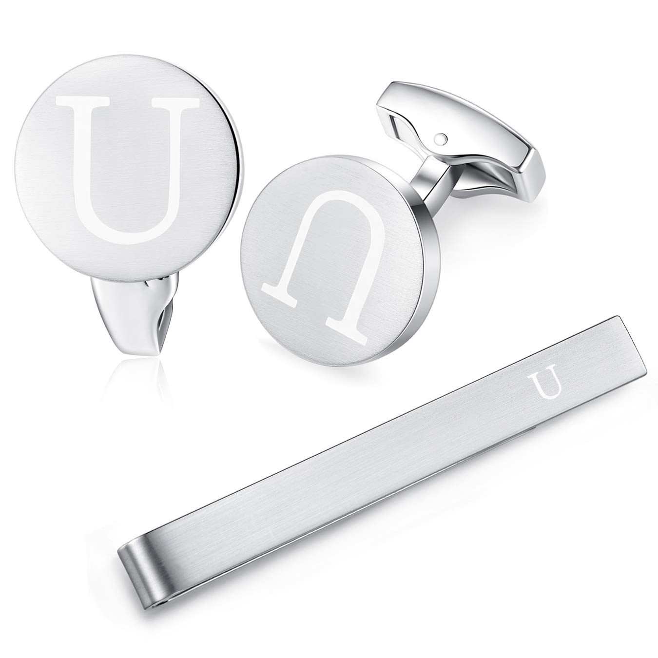 HONEY BEAR Initial Alphabet Letter Cufflinks Tie Clip Set for Mens - Brushed Silver Round Stainless Steel, for Business Wedding Gift,5.4cm (U 2)