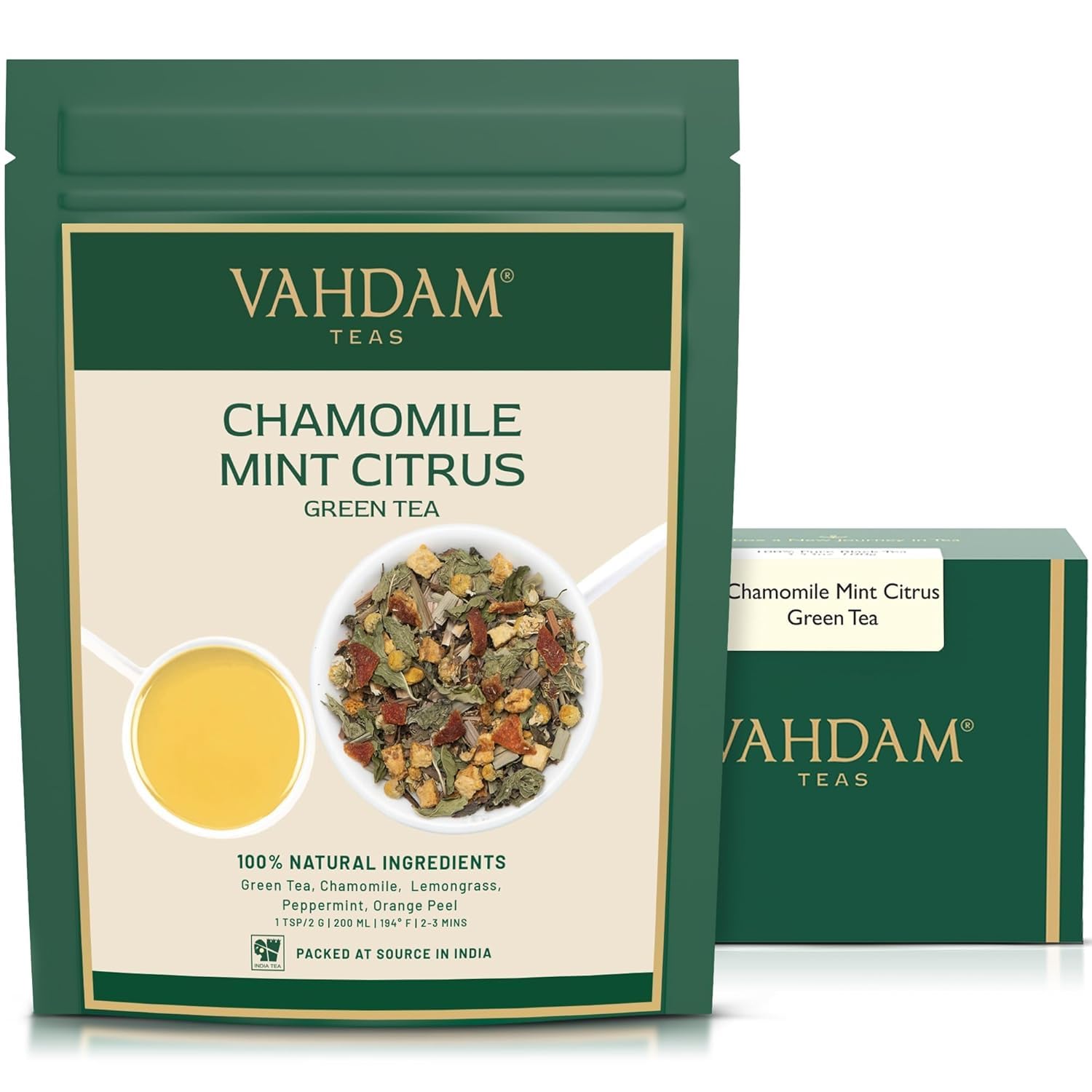 VAHDAM, Chamomile Mint Citrus Green Tea (50+ Cups, 100gm) Exotic Loose Leaf Blend | Goodness of Green Tea, Chamomile, Peppermint, Spearmint, Orange Peels & Lemongrass | Vacuum Sealed for Freshness