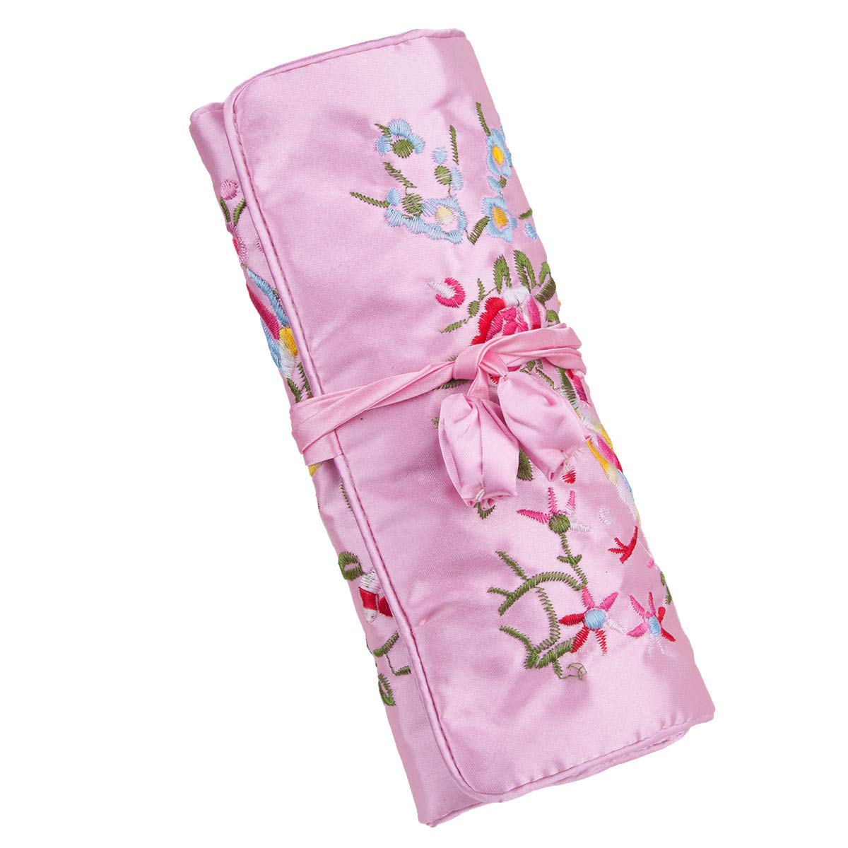 Mookaitedcor Garden Design Embroidered Jewellery Roll with Beautiful Flowers, Bag Organiser for Earrings, Necklaces, Bracelets, Watch light pink