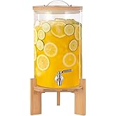 Sentingbaix Glass Drink Dispenser, 2 gallons, With faucet wood stand Easy flow control, great for parties, bars & restaurants Large Glass Cold Beverage Dispensers.(2 gallon)
