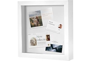 Muzilife 8x8 Shadow Box Picture Frame for Wall and Tabletop Display - Deep Wood & Glass Display Rustic Case Ready to Hang Memorabilia, Pins, Awards, Medals, Wedding, Tickets, and Photos, White