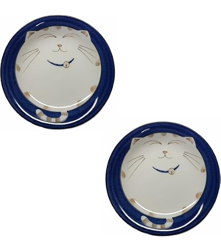Japanese Porcelain Soup Bowls Set Of 2 - 6.5" Shallow Bowls With Lucky Cat Design, Made In Japan, Microwave & Dishwasher Safe