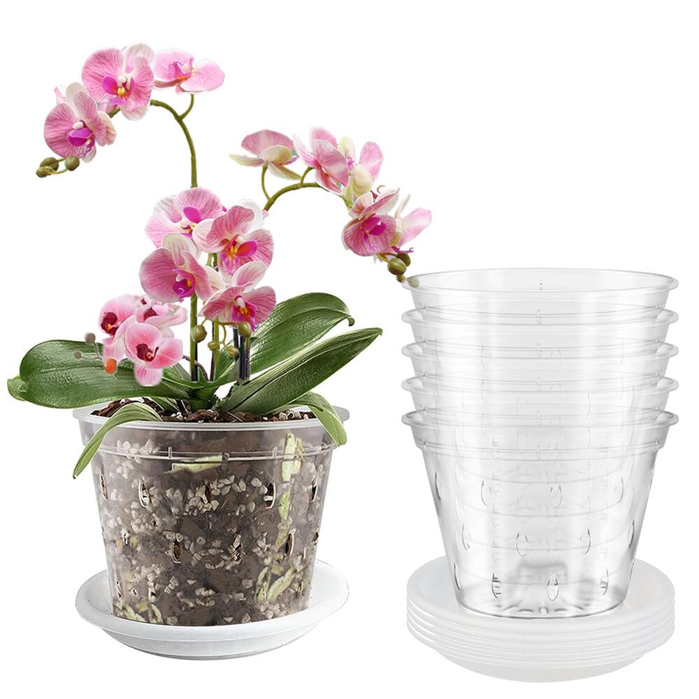 Foreverup 5PCS Clear Orchid Pot, 17CM Plastic Orchid Plant Pots with Drainage Holes and Saucers, Nursery Pots for Orchid Repotting Kit, Flower Plant Pot for Root Health, Indoor Outdoor Plants