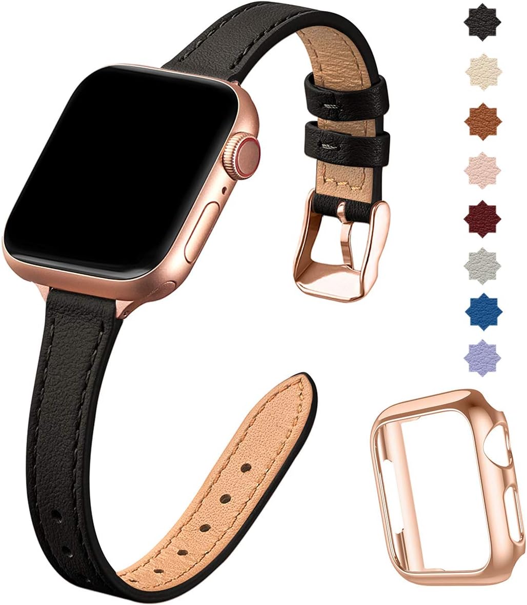 SUNFWR Compatible with Apple Watch Strap 38mm 40mm 41mm,Genuine Leather Strap Replacement,Slim&Thin Wristband for iwatch Series 7/6/5/4/3/2/1,SE(38mm 40mm 41mm,Black&Rosegold)