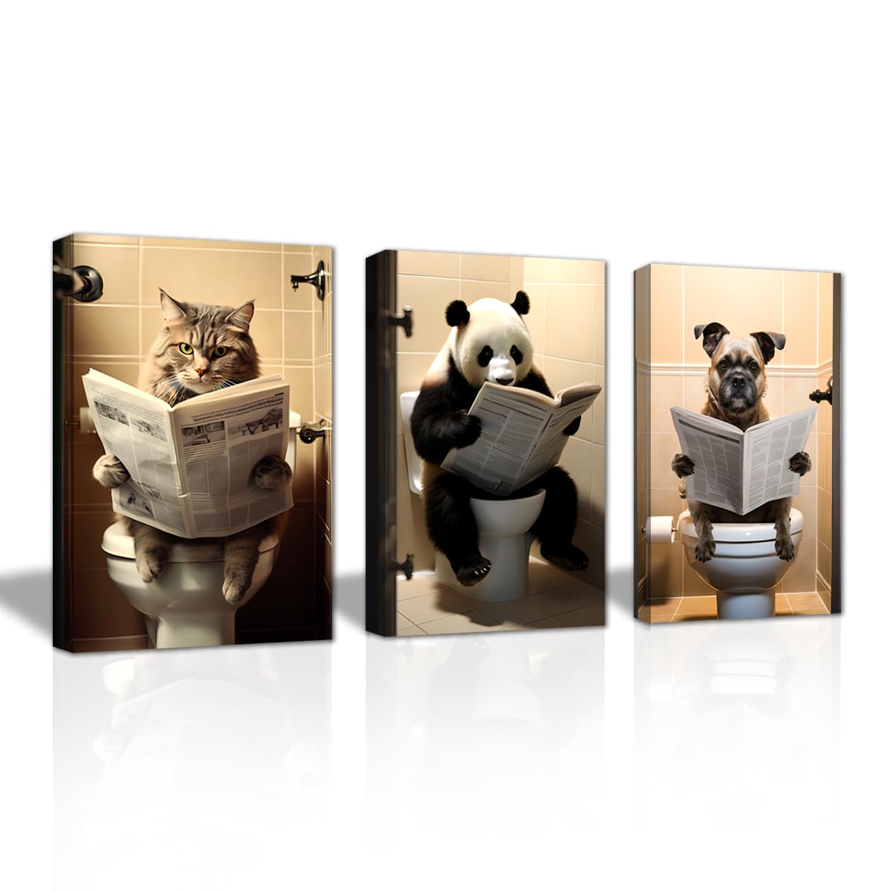 LZIMU Bathroom Wall Art 3 Piece Panda Dog Cat Sitting on Toilet Reading Newspaper Canvas Prints Funny Animals Bathroom Pictures Wall Decor Framed (Bathroom-2, 11"x14"x3PCS (28.00 x 35.00cms x 3PCS))