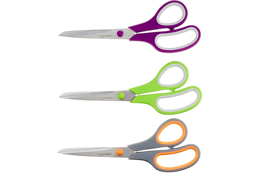 Amazon Basics Multipurpose Stainless Steel Scissors for Office, Crafts, Right/Left Handed, Comfort Grip, PVD Coated, 3-Pack, Multicolor