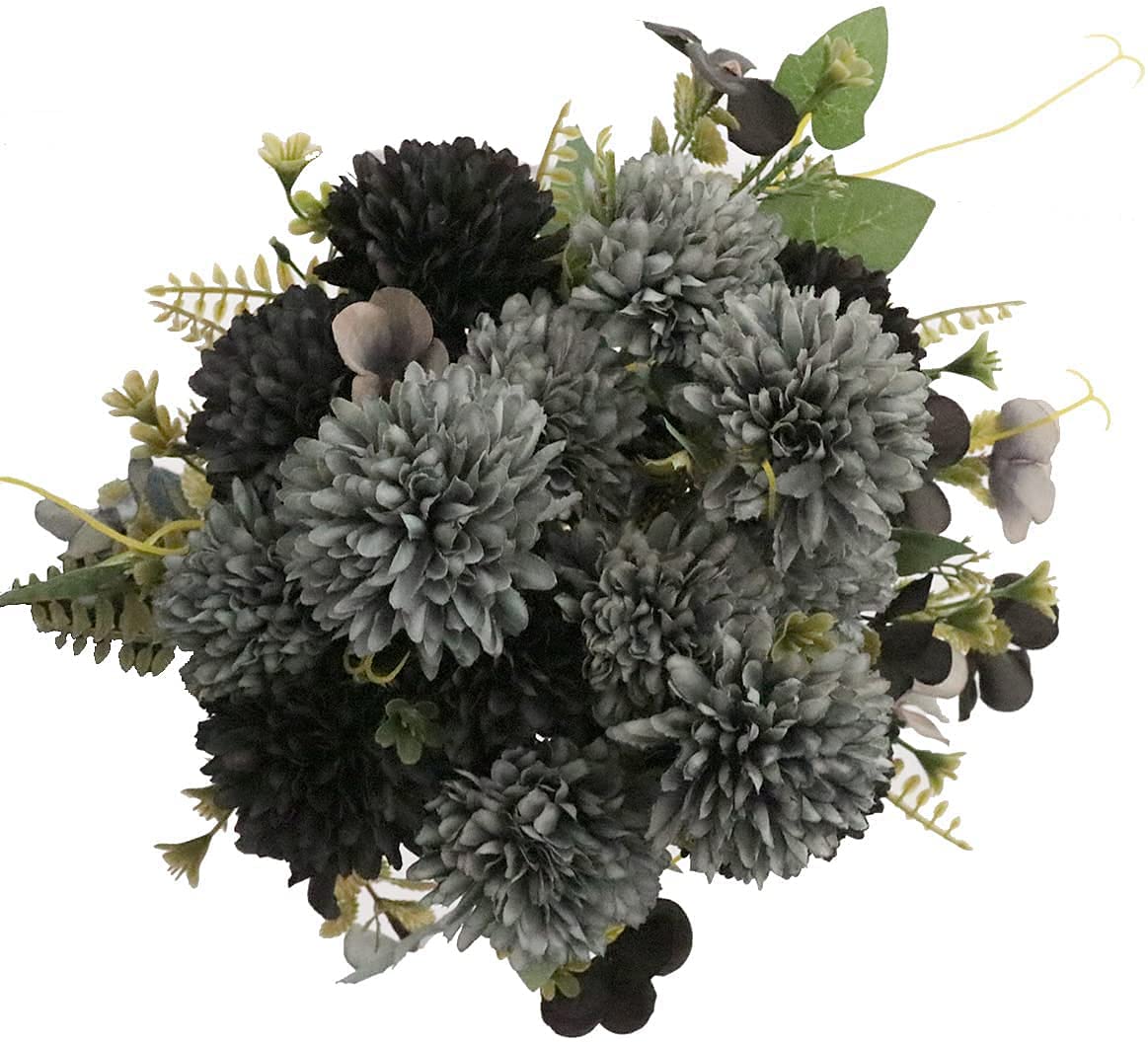 Photo 1 of Jim's Cabin Artificial Chrysanthemum Ball Flowers - 3pcs Realistic Silk Flower with Stems&Leaves for Wedding, Party, House Decoration, Table Centerpieces Flowers (Black, Gray)