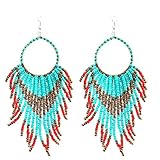 Tribal Dangle Fringe Tassel Bead & Hoop Earrings Native American Style by Pashal (Turquoise w/ Red Fringe)